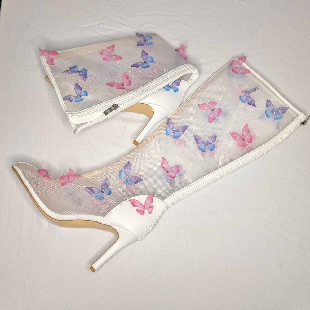 White Knee High Boots With Butterfly Appliques 3.5 inch heel size 10